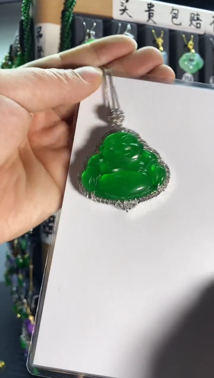 【闪购商品】翡翠耳饰银S925镶嵌镶嵌大绿佛