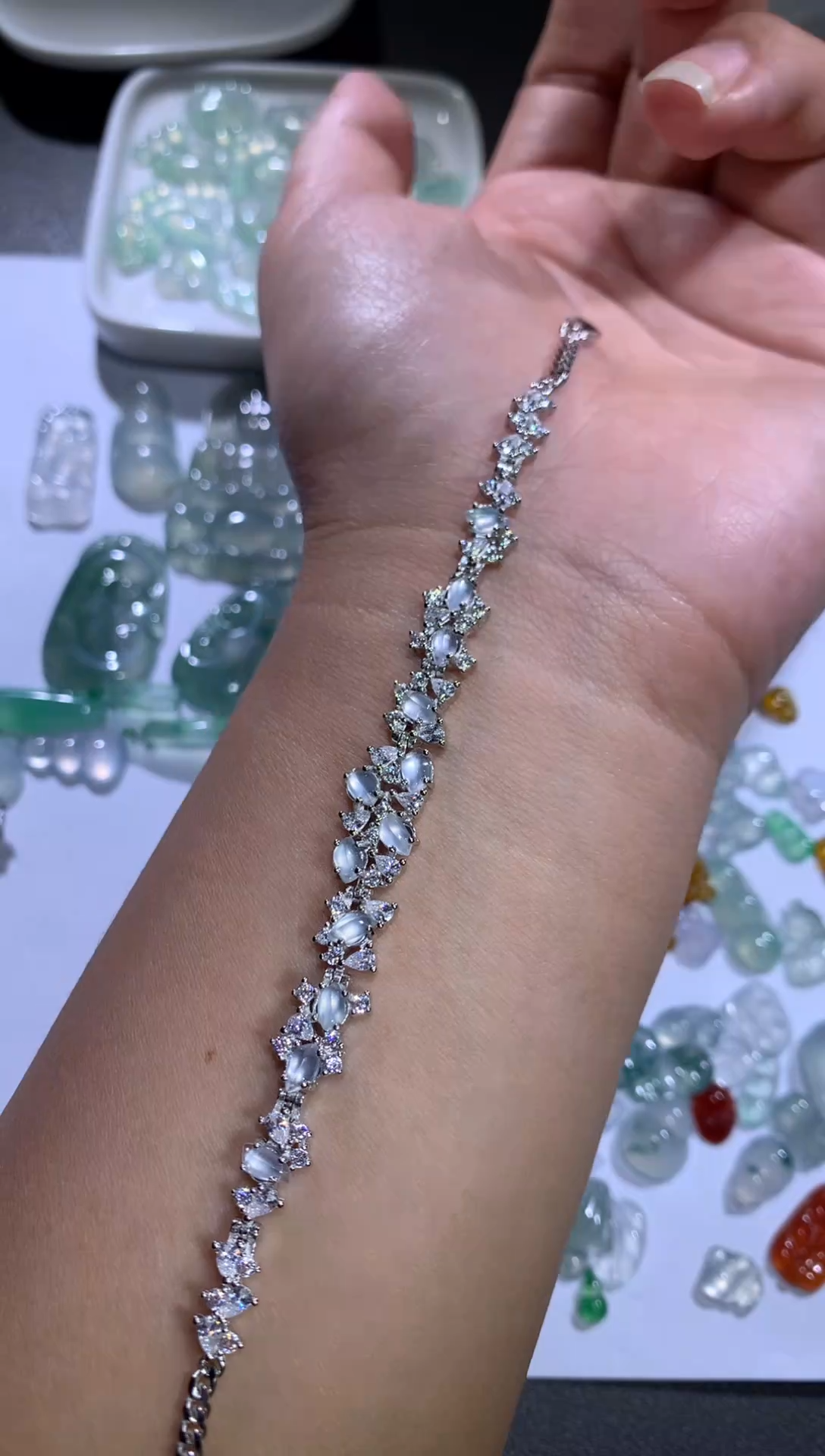 银S925镶嵌裸石翡翠封底镶玻璃随形手链