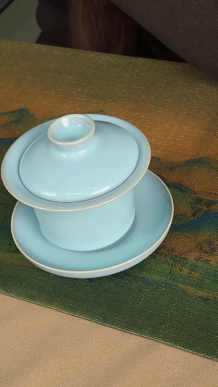 盖碗瓷韩红 天青釉 马蹄盖碗