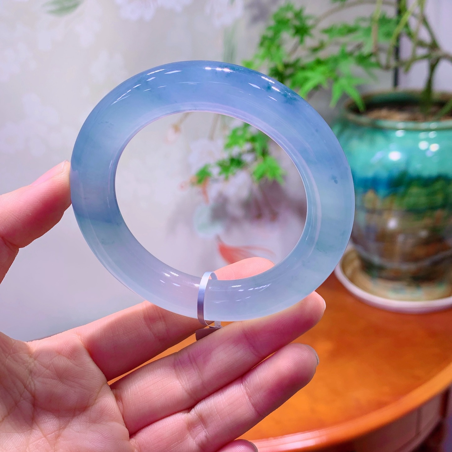 56圈高冰蓝紫飘花天然翡翠手镯圆条平洲天然缅甸 A 货1227F-LC02