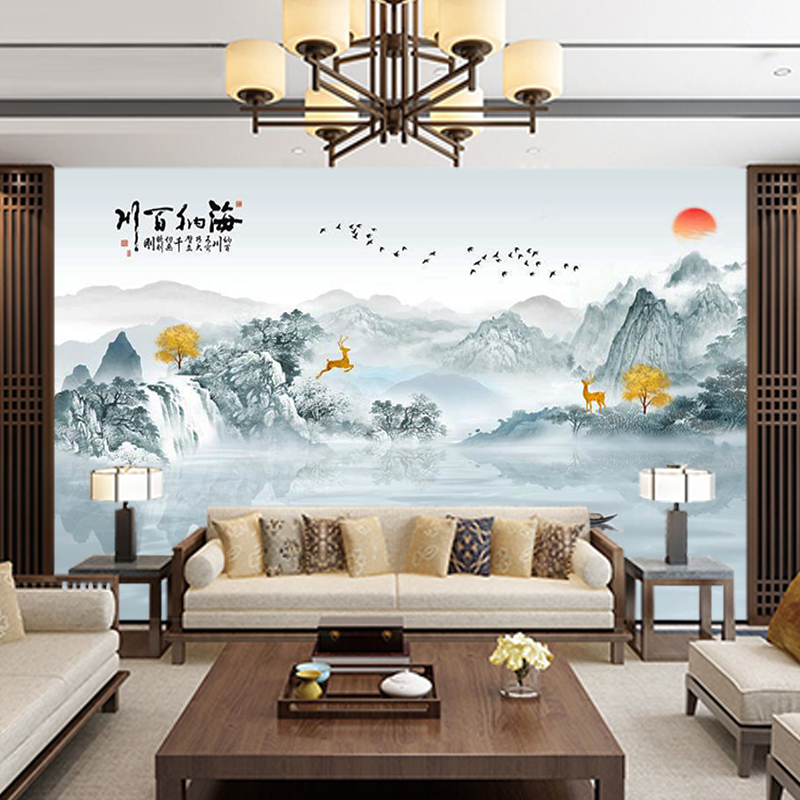 客厅电视背景墙定制碳晶板PET高光金刚板PET高光新中式背景墙定制