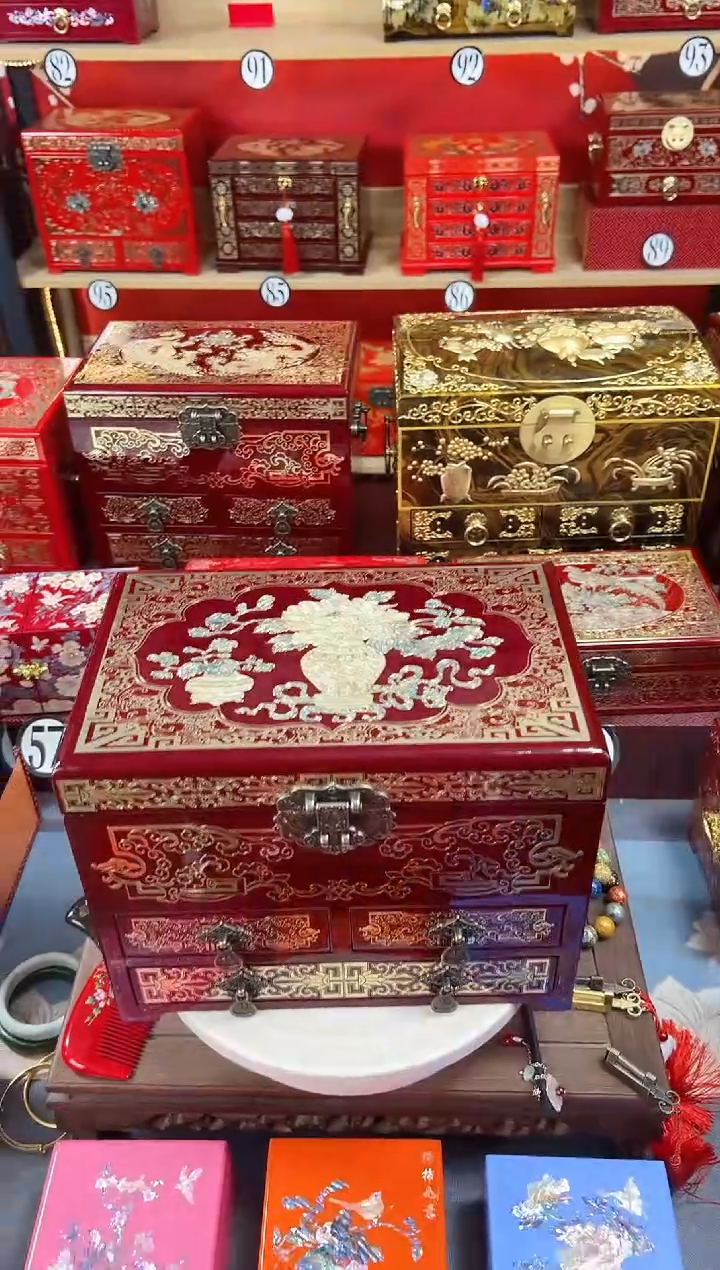 【闪购商品】28厘米新款四层三抽掐丝螺钿酒红色龙凤