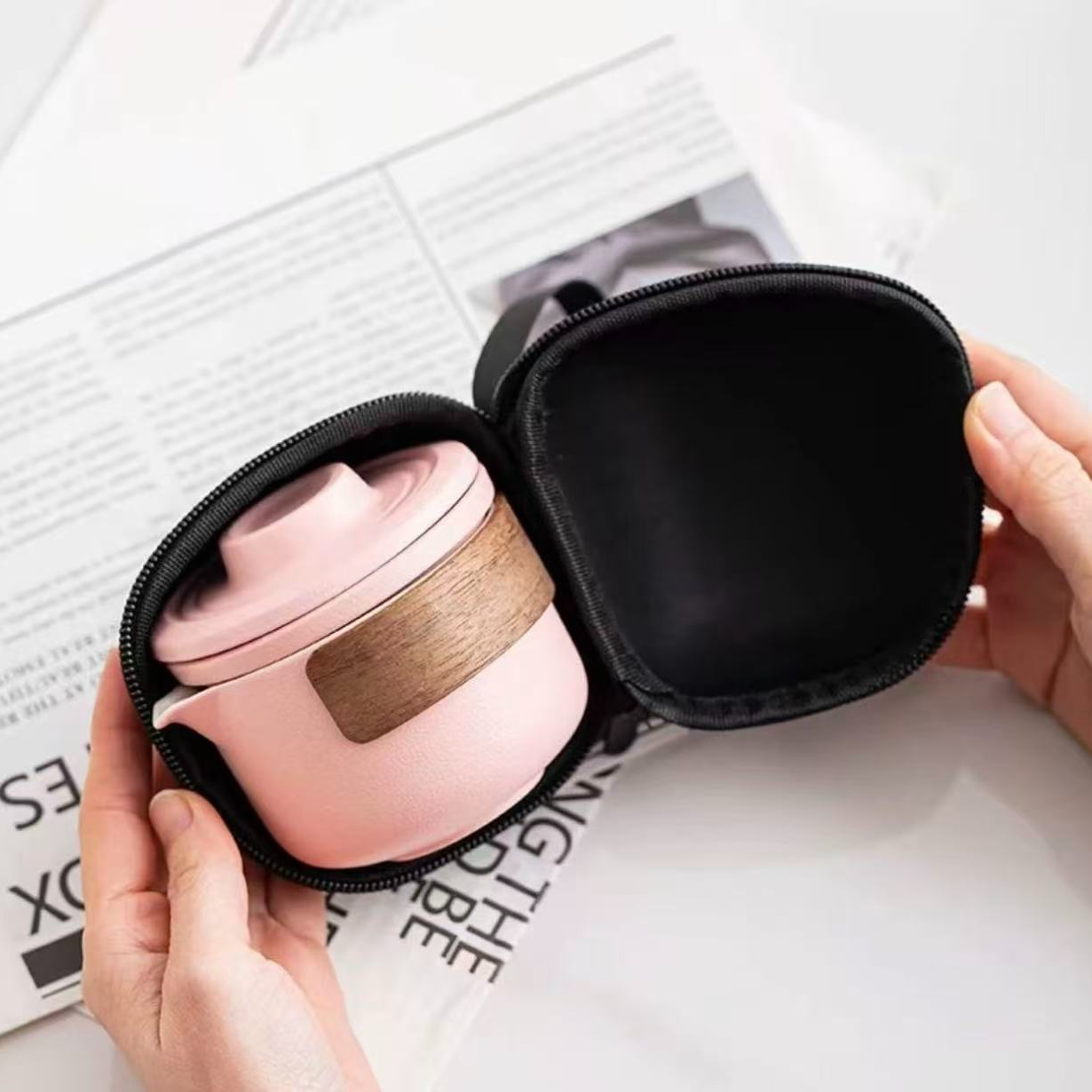 路宝粉色一壶二杯户外便携式家用旅行茶具 