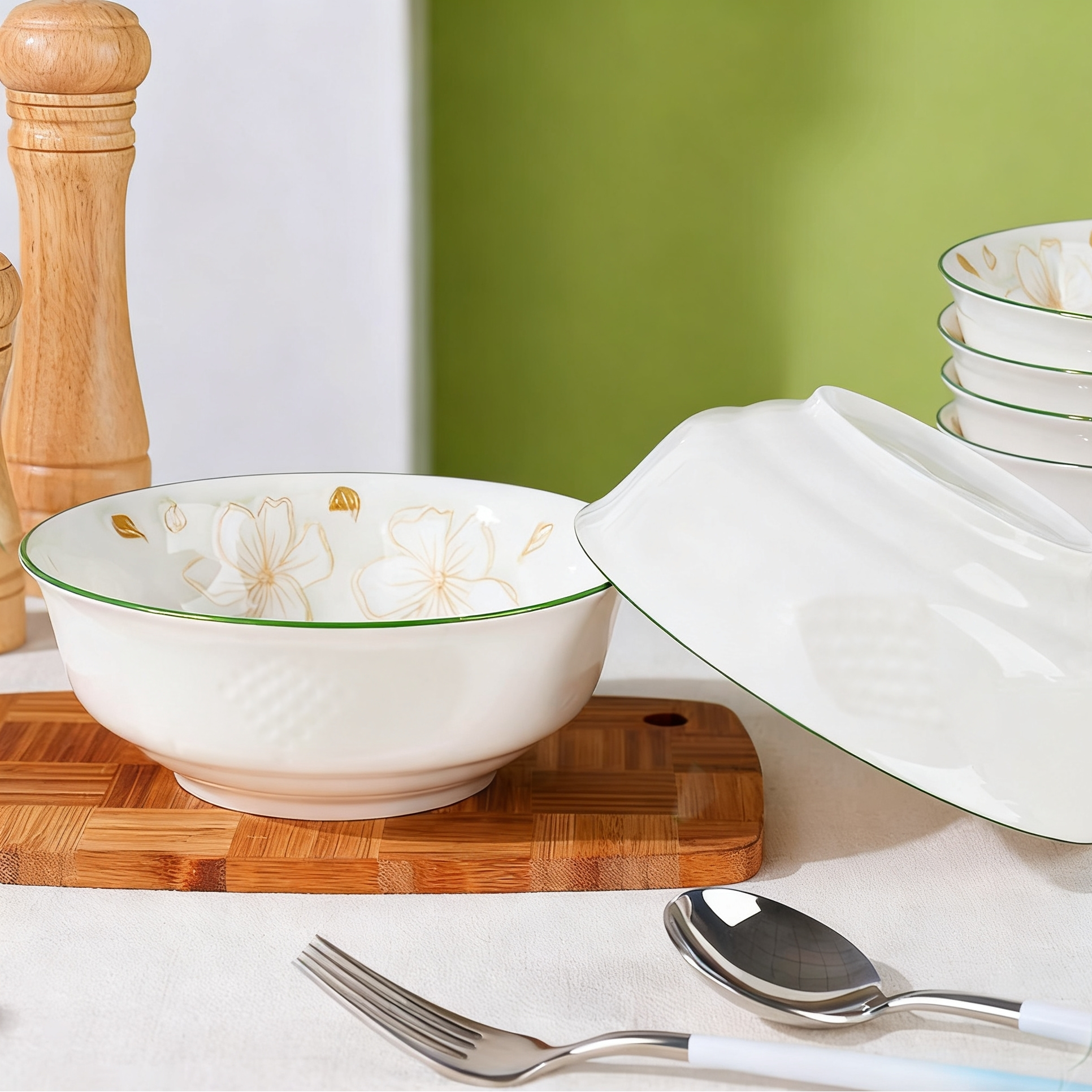 7英寸黄金叶面碗6个装陶瓷餐具釉下彩面碗航空碗大号泡面碗