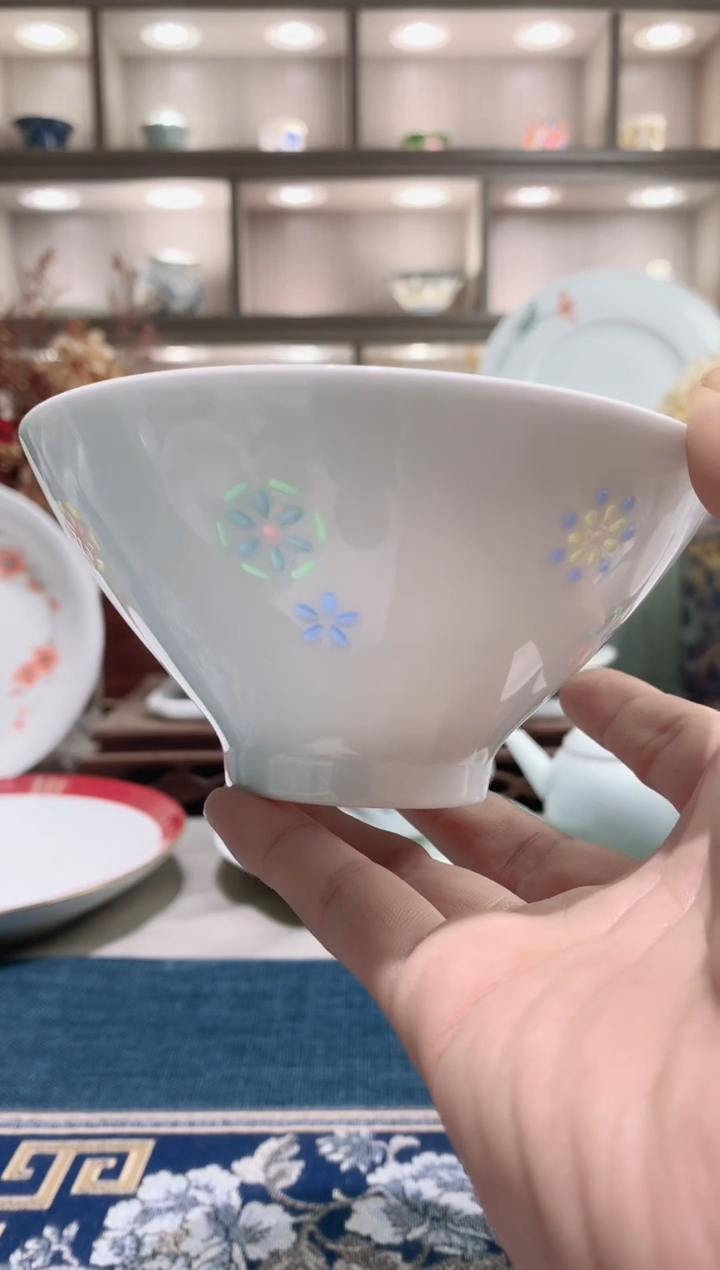 【闪购商品】高温白瓷七彩玲珑影青5英寸斗笠碗