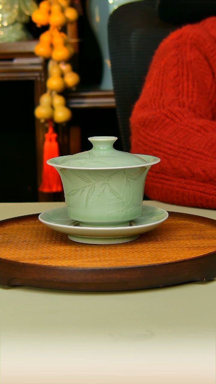 汝瓷豆绿竹节盖碗全手工原矿