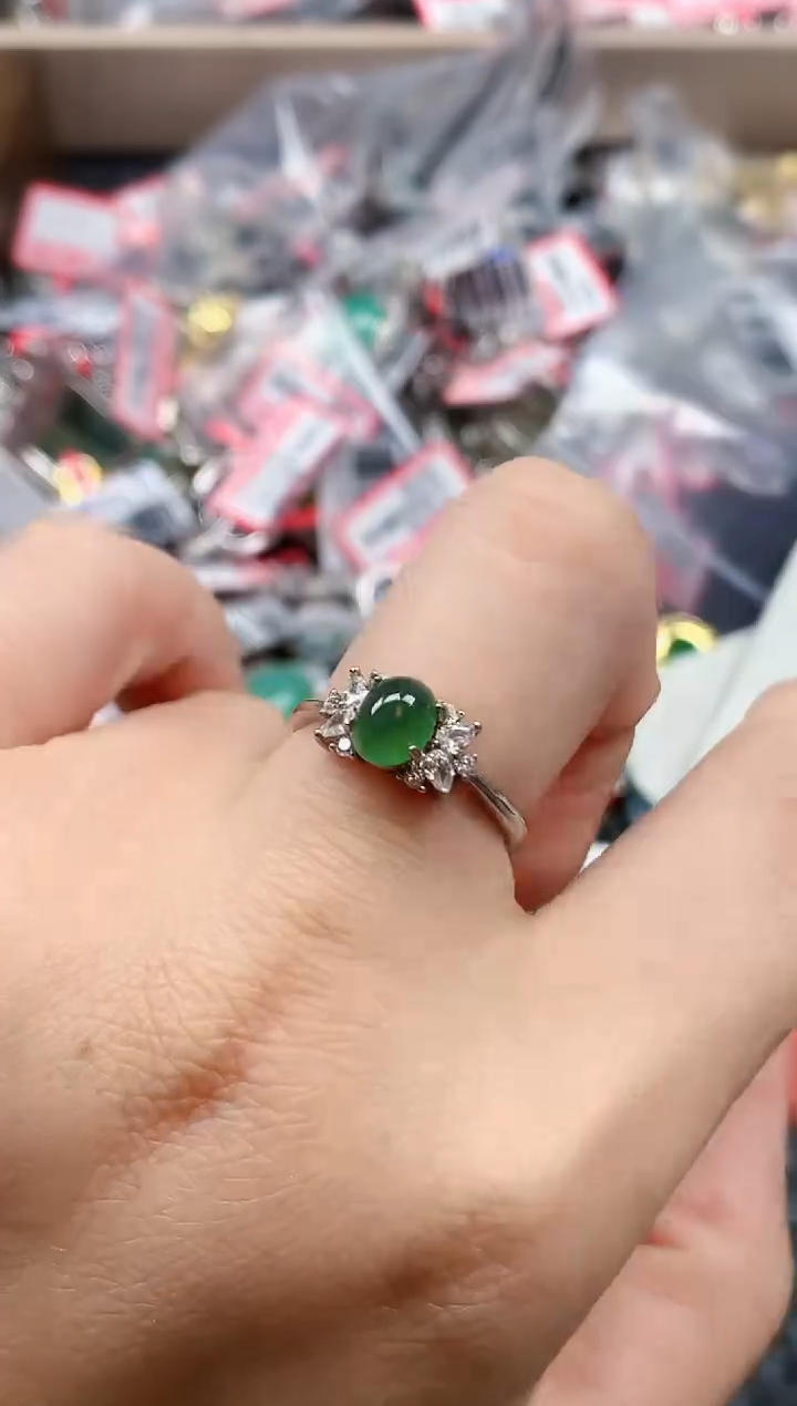 银S925镶嵌戒指翡翠天然A货缅甸翡翠