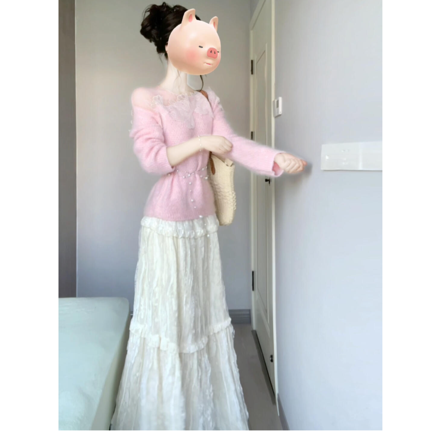 2025早春新款甜美穿搭软糯粉色针织毛衣上衣搭高腰半身裙显瘦套装