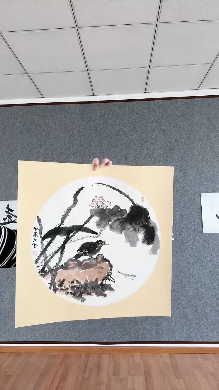 国画贺老师 写意花鸟《荷塘》50X50卡纸