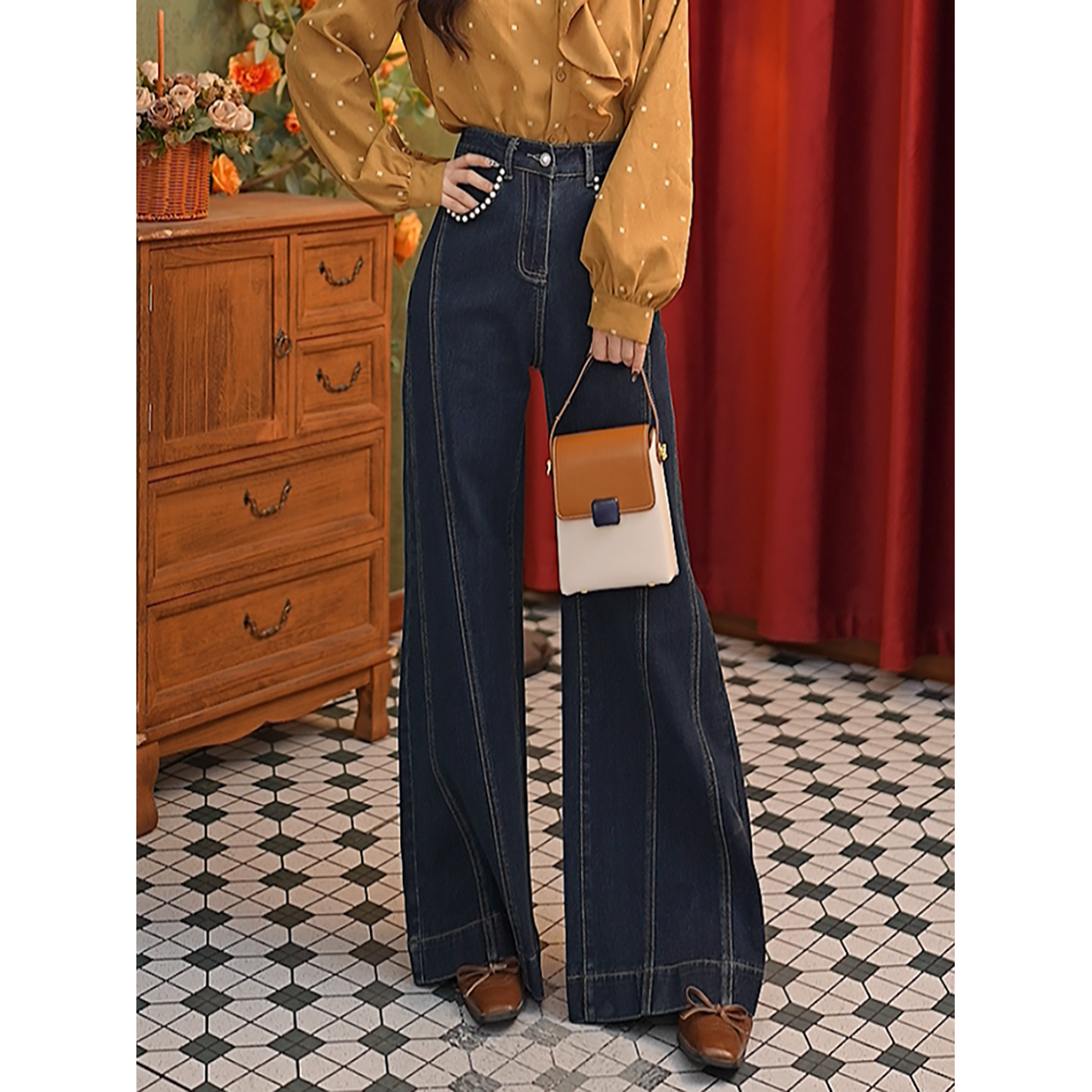 DaYuanSAD【旷达】张嘉圆休闲裤深蓝色收腰遮胯直筒牛仔裤女#L14432