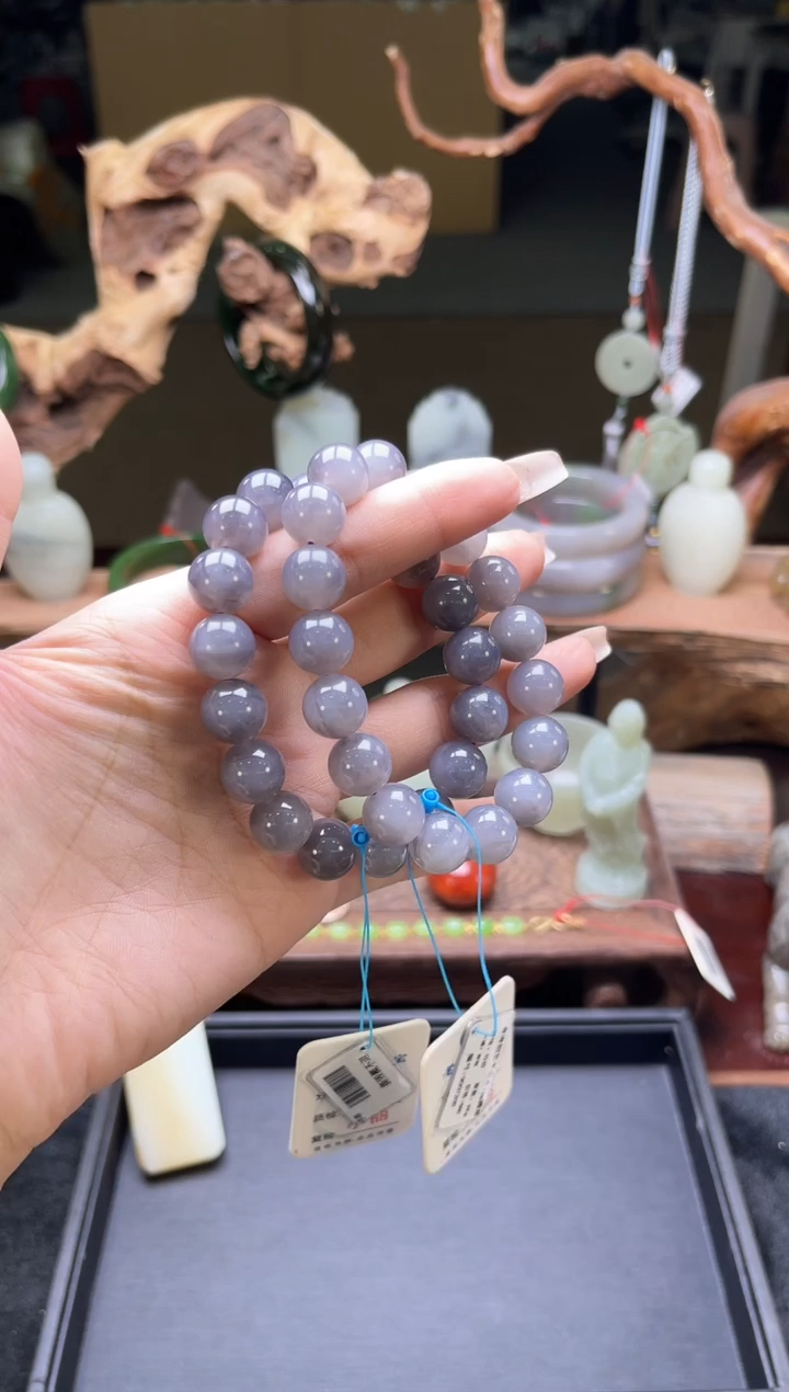 【闪购商品】和田玉手串未镶嵌卡12青海烟紫半山水圆珠 多样性发一