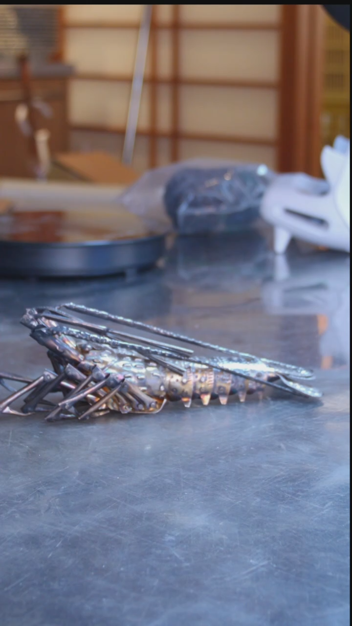 陶长**弓日本原产银质虾摆件