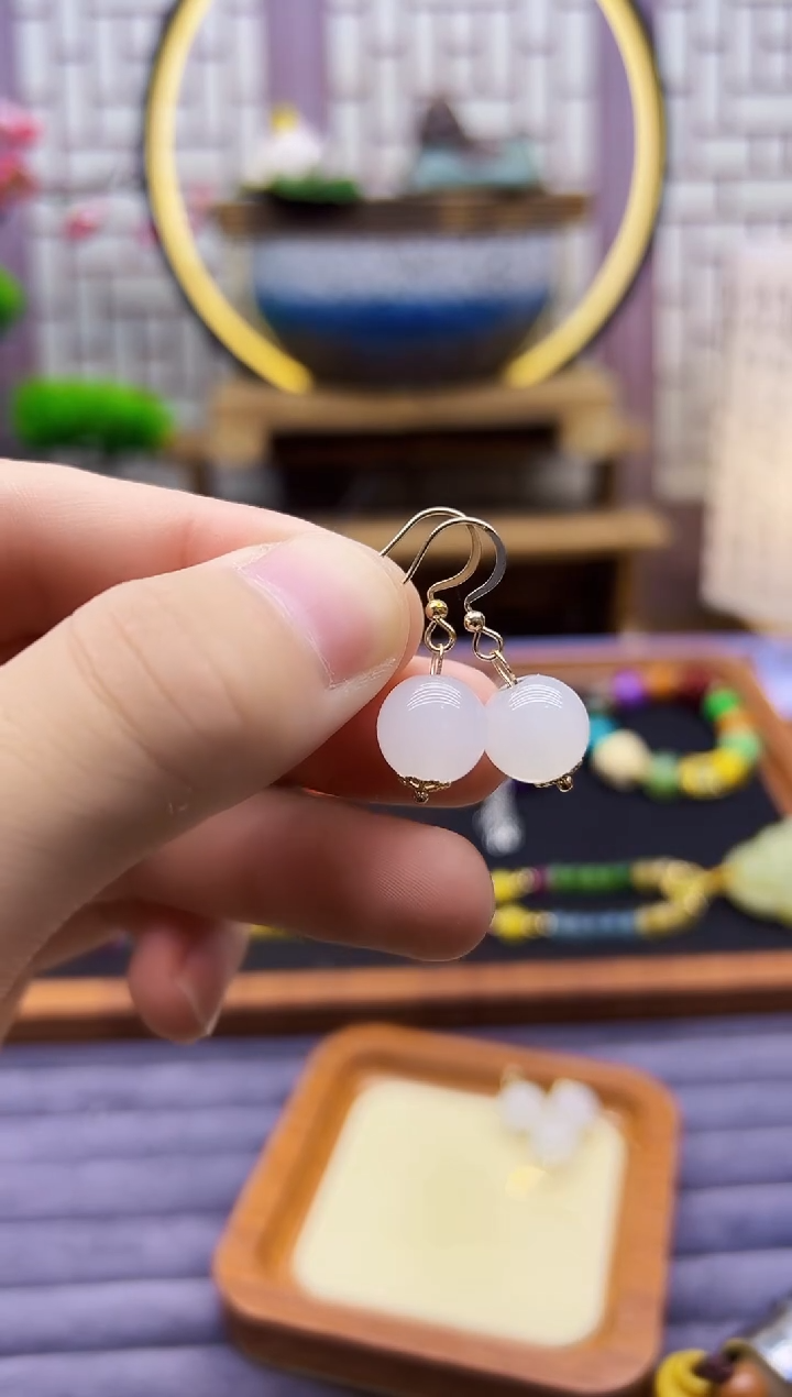 和田玉14K金镶嵌耳饰E118