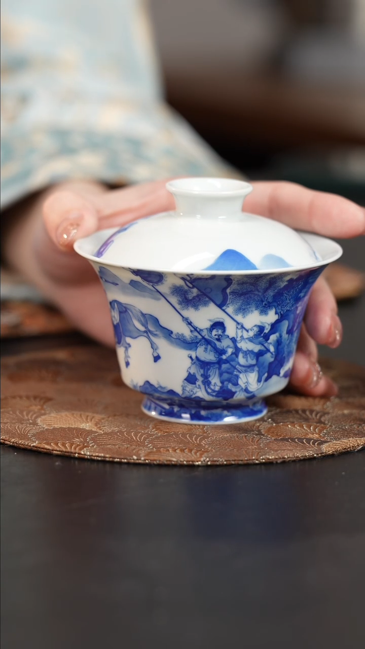 【闪购商品】杯恒垣山房青花空城计马蹄盖碗