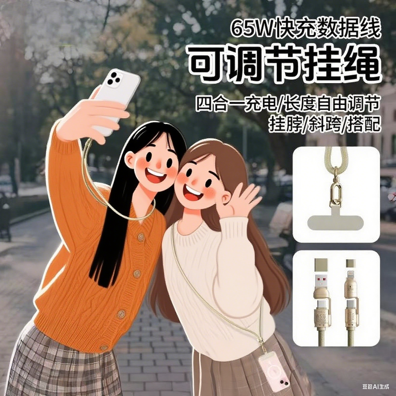 挂脖-240W-4合1数据线 超级快充 可背手机 挂脖or斜跨尼龙编织线