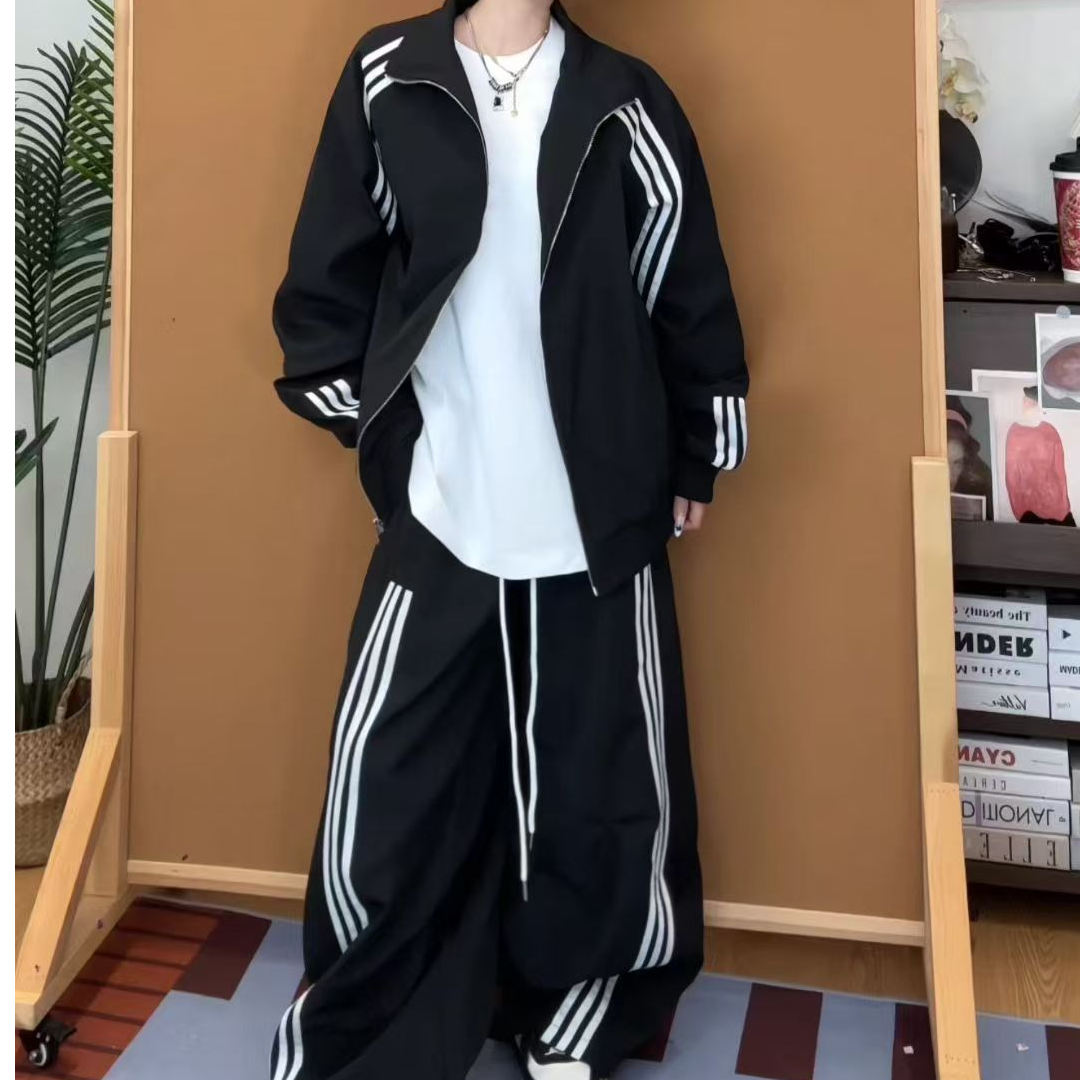 早秋大码长裤条纹拼色炸街直筒裤百搭立领休闲运动套装