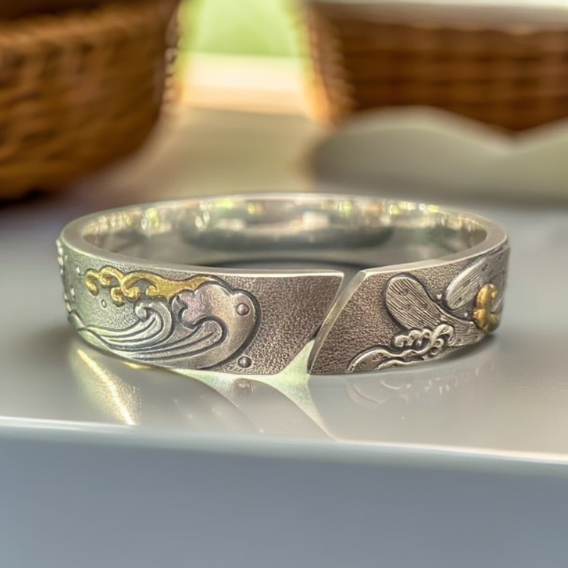 足银手镯 原创设计大师手作 精卫填海嵌金手镯 足银999纯手工古风