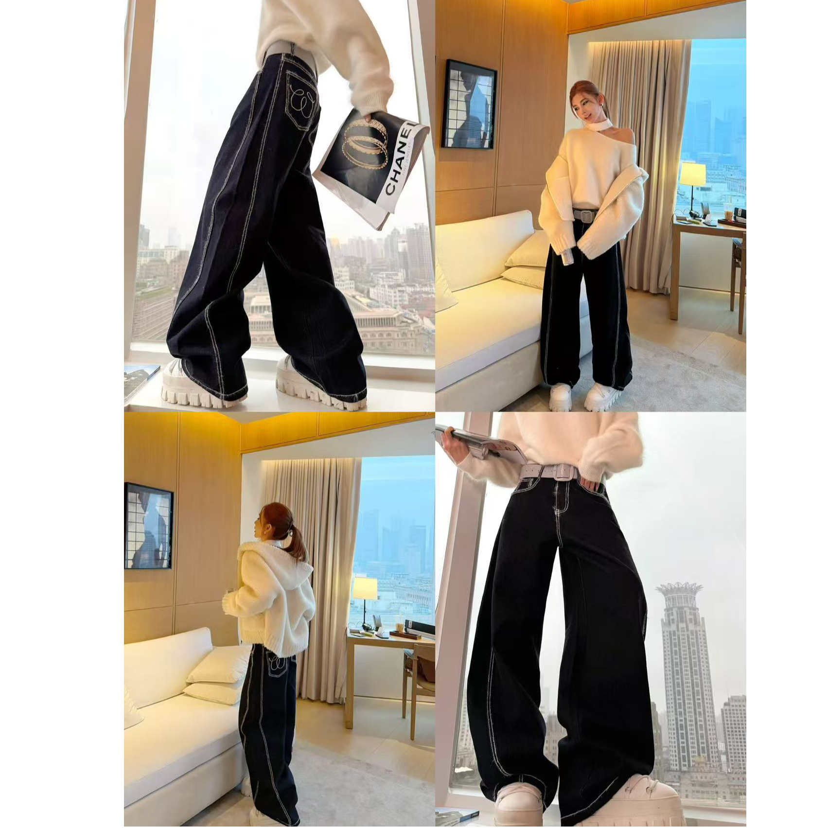 婉君Y【羊毛线条牛仔】磨毛加厚 显瘦纹理感阔腿裤LWJ25D4K3399