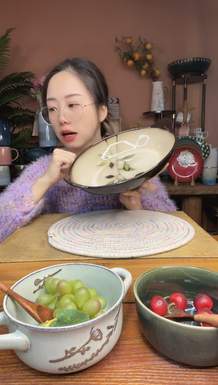 陶瓷11.5英寸手绘竹叶双耳鱼盘 微瑕疵