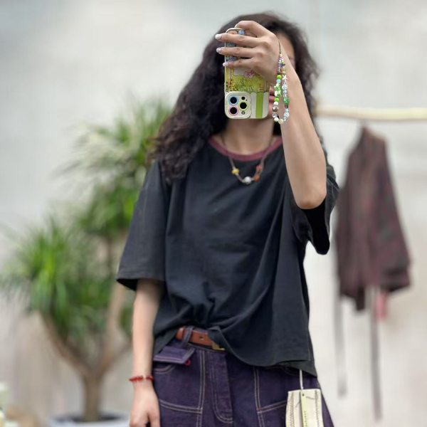 忆古朴拙250349撞色领休闲短款纯棉圆领夏季做旧复古宽松纯色T恤