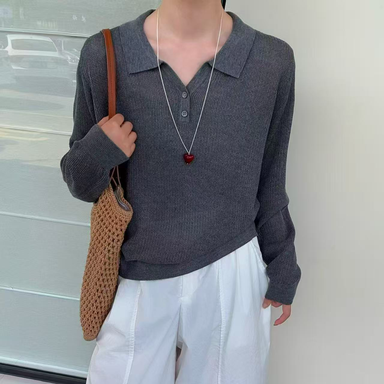 【轻奢polo-灰色】慵懒风网格网衫薄款女款上档次洋气新款521