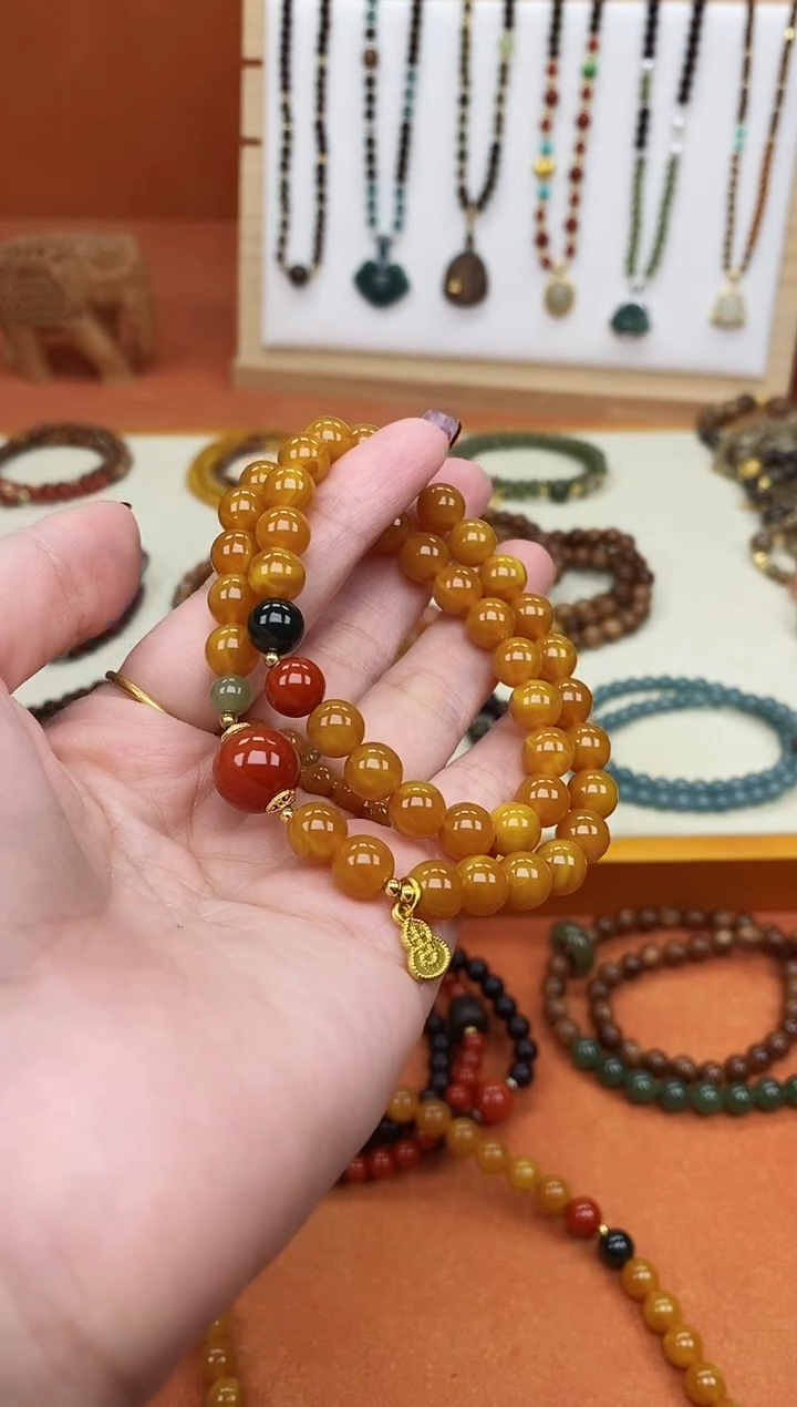 手链蜜蜡未镶嵌双圈蜜蜡和田南红手串