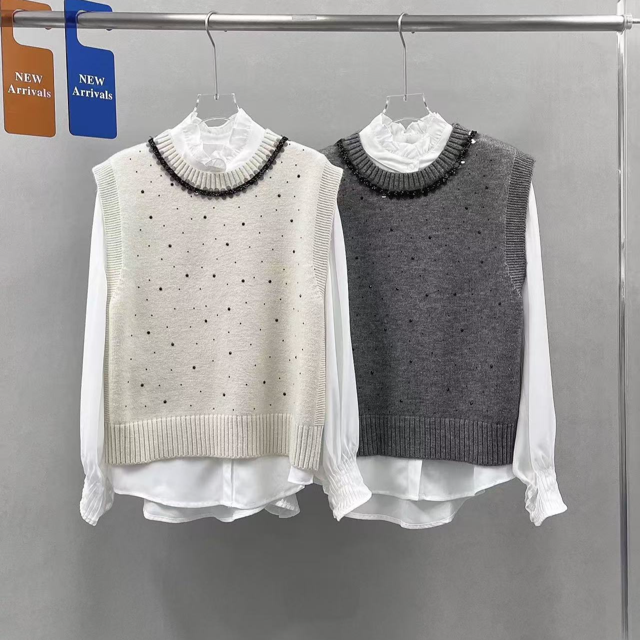 烫钻圆领针织马甲背心女秋冬新款宽松马甲女款外穿洋气时尚感坎肩