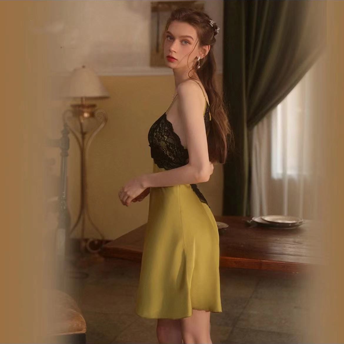 【日落sunset】性感露背深v吊带诱惑纯欲网红高级情侣战睡衣女秋冬