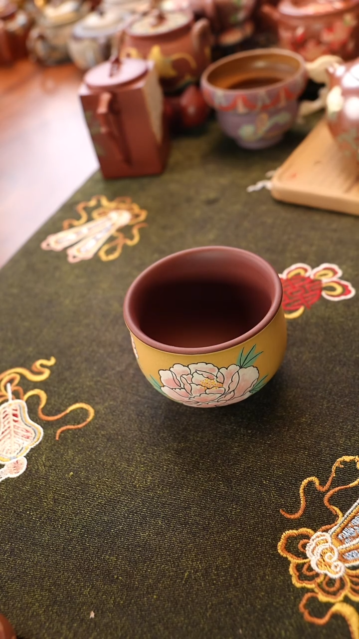 茶壶紫砂紫泥粉浆牡丹杯