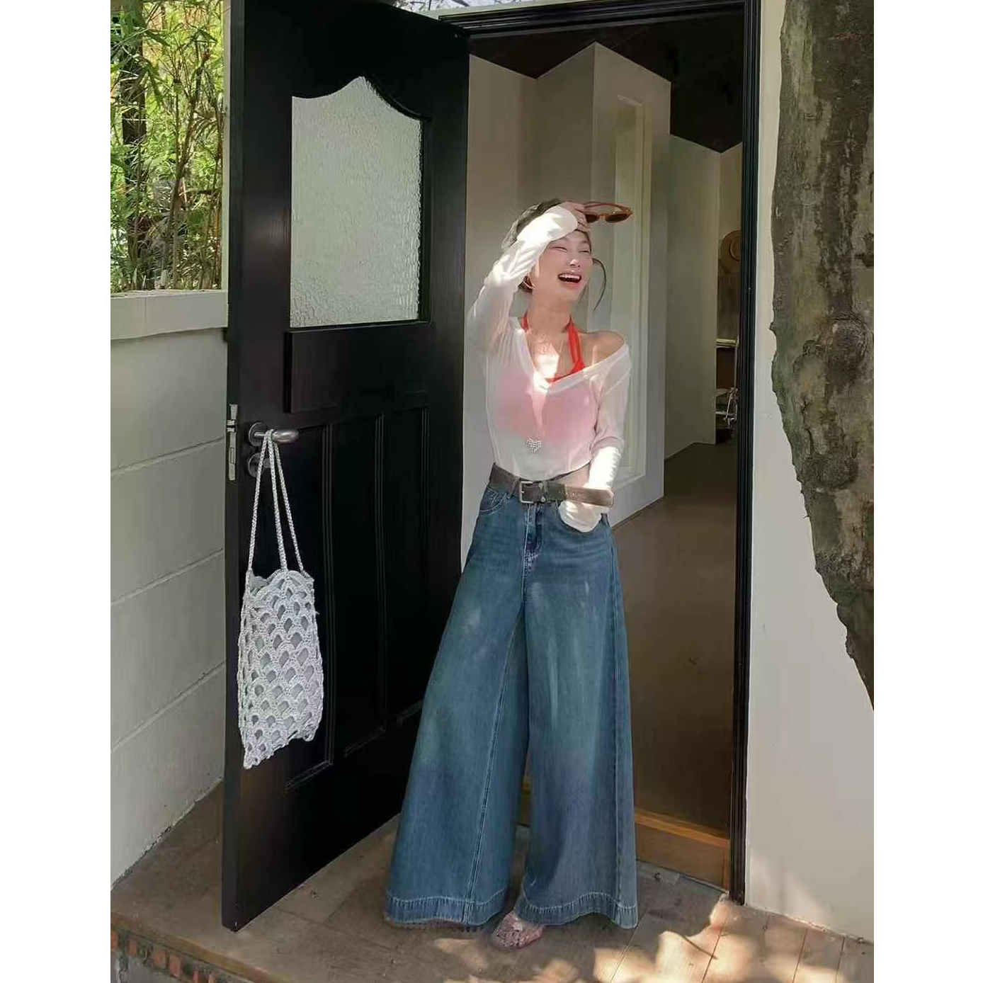 复古水洗宽松阔腿甩甩裤牛仔长裤夏季新款百搭显瘦高腰设计