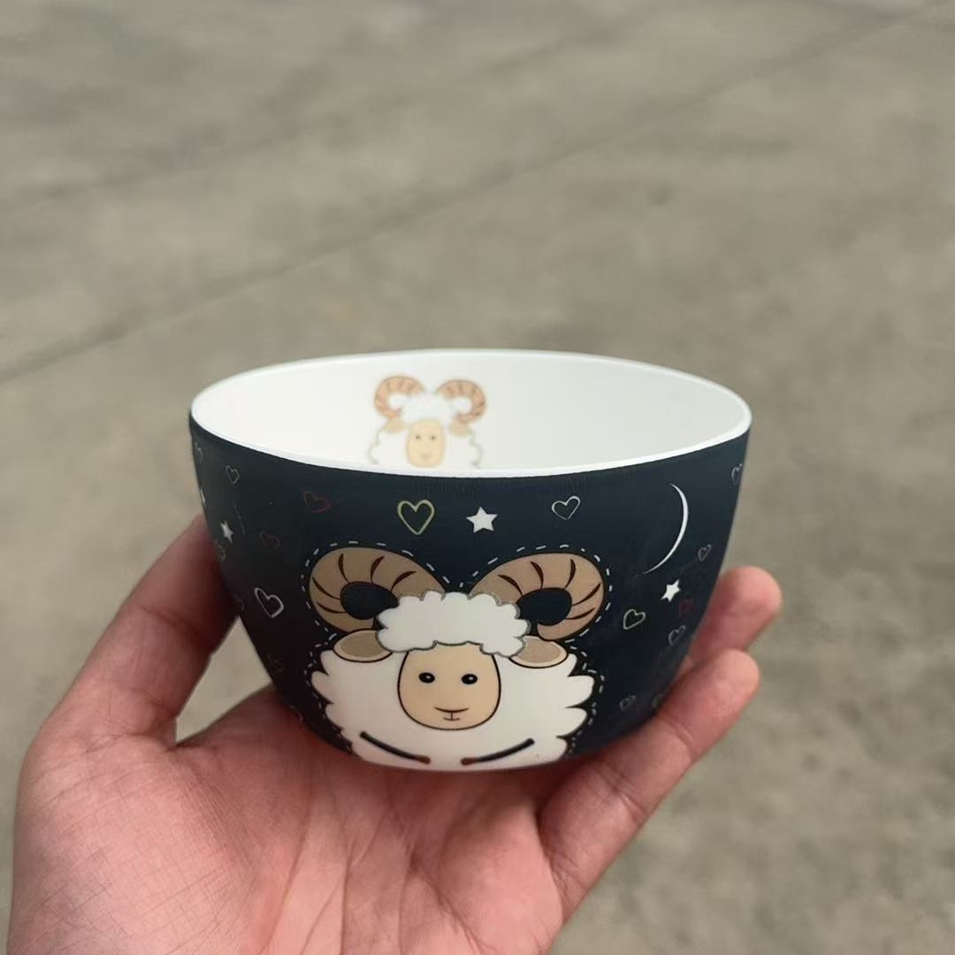蓝色小羊饭碗手工高温米饭碗
