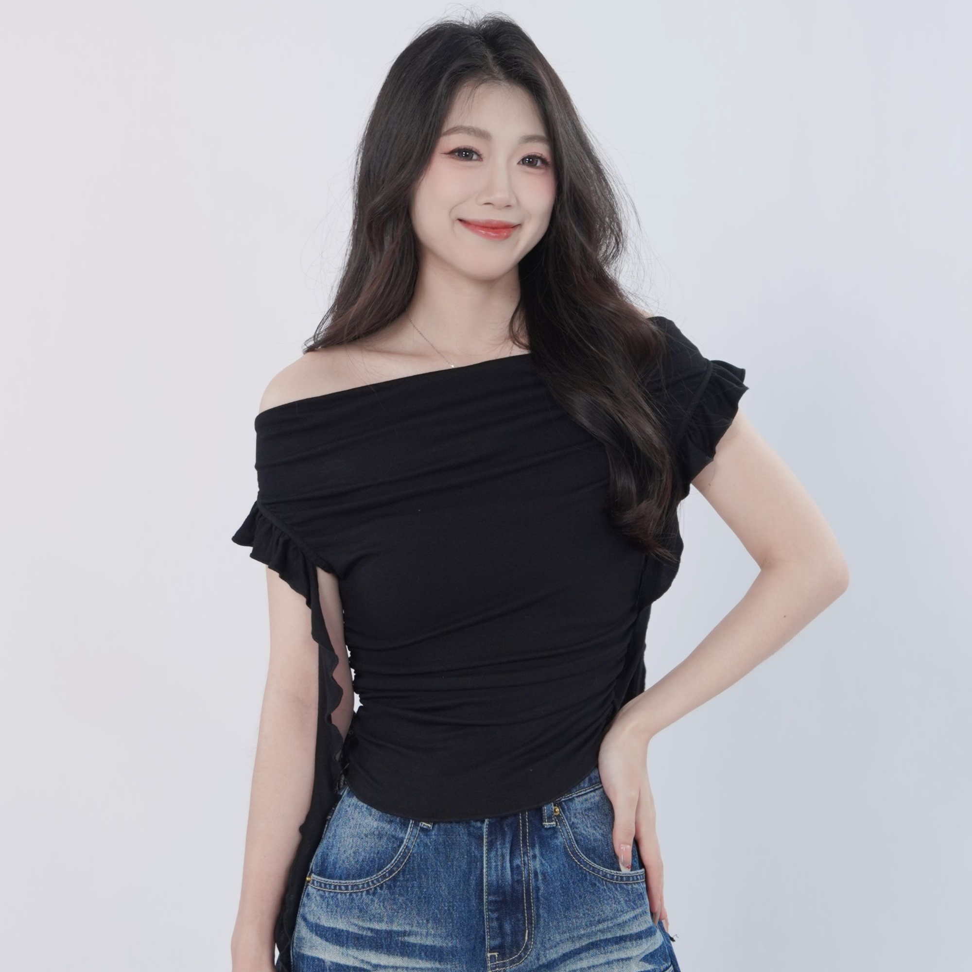 三福 夏季法式潮流假日洋气荷叶边飘带一字肩T恤504630