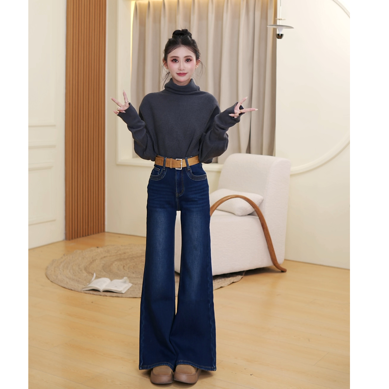 冬季小个子2025【眼式口袋设计】裤子垂顺柔软直筒喇叭牛仔裤1257