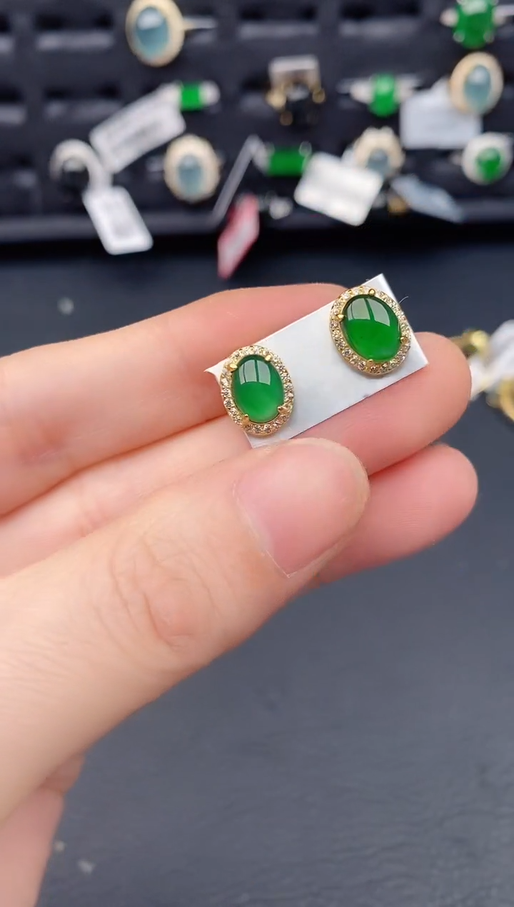 银S925镶嵌翡翠耳饰天然a货翡翠339