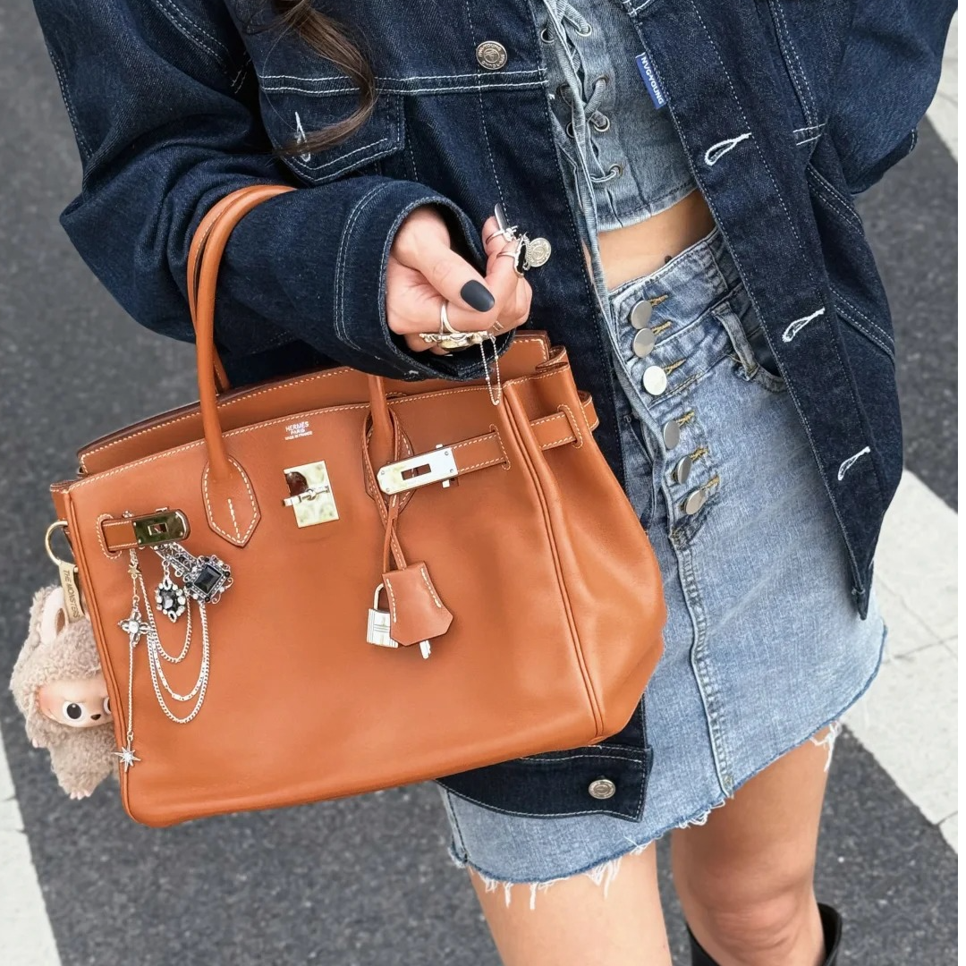 99新 Hermes/爱马仕 小花JerryBirkin 30 金棕色 Y刻 银扣包