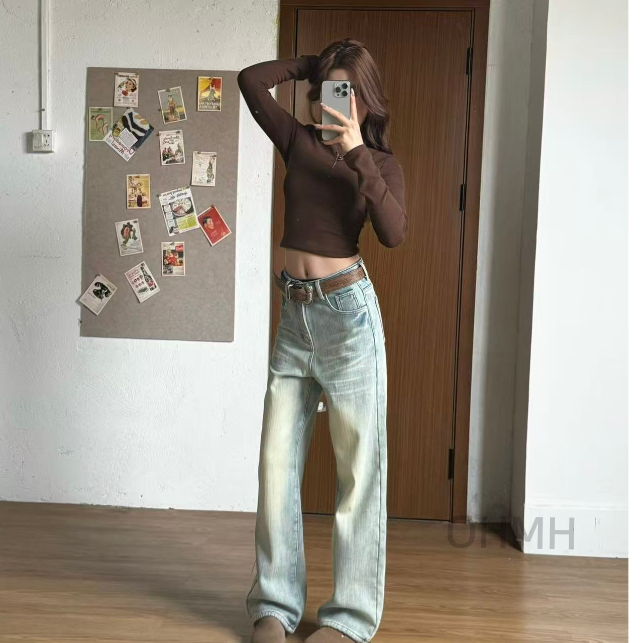 2025新款女款裤子秋冬季加绒牛仔裤水洗复古蓝美式直筒加绒裤子