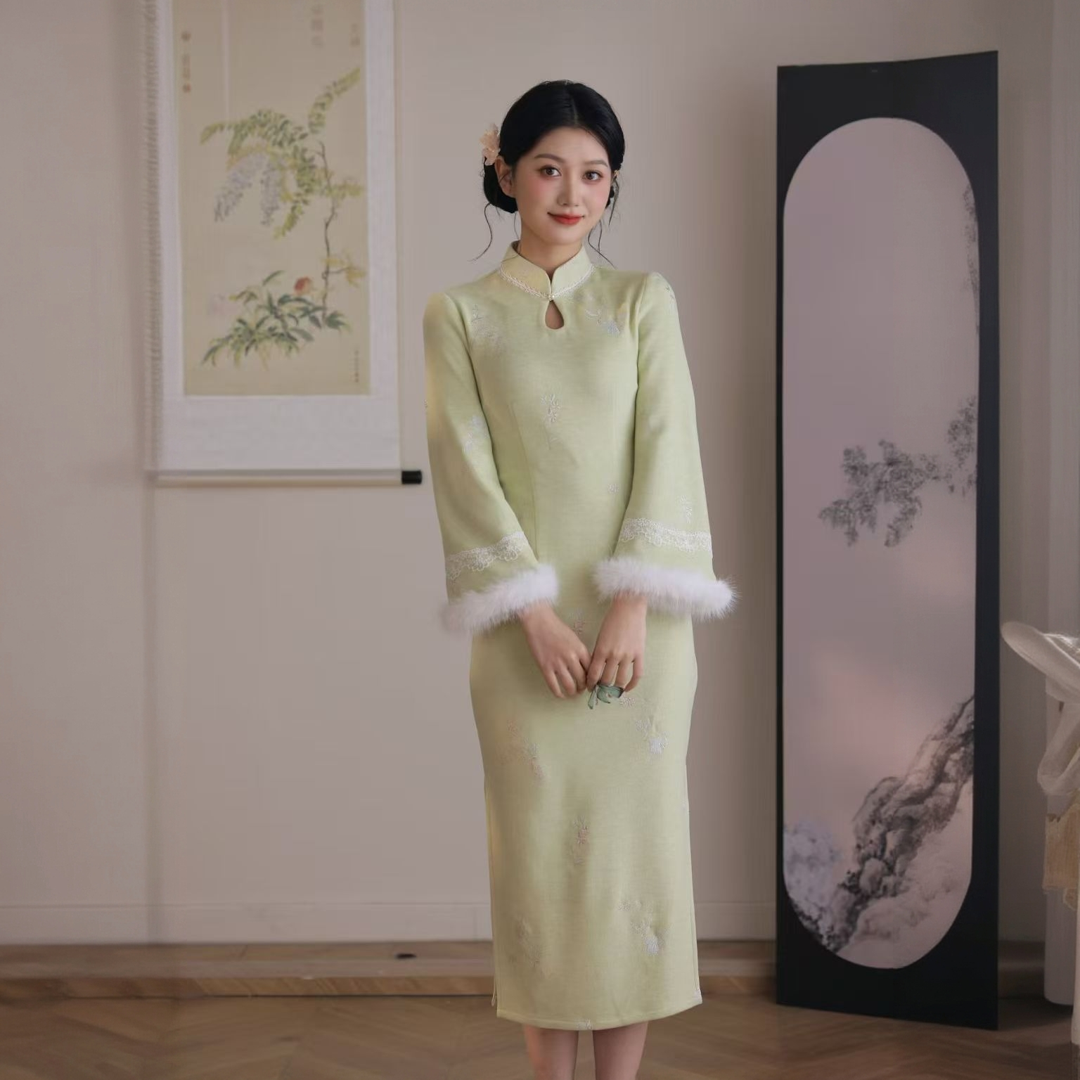 （8087）新中式旗袍冬日常时尚厚款长款冬款中国风
