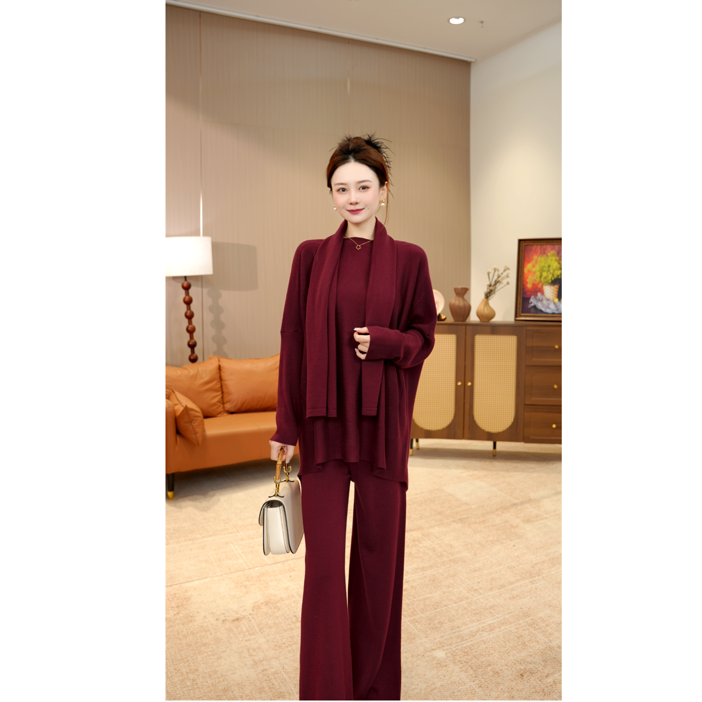 秋冬保暖【暖心】高端杏色时尚遮肉套头毛衣长袖针织洋气套装-9520#