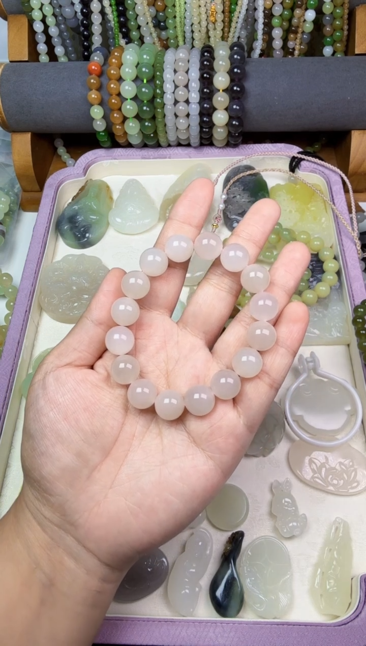 手串未镶嵌和田玉藕粉12mm手串