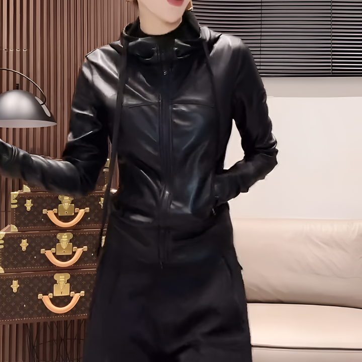 2025 新款进口蛋白皮超级显瘦连帽皮衣外套女（衣长55左右）