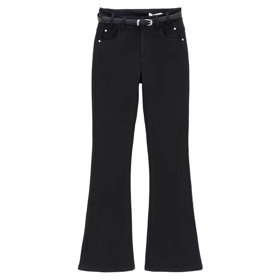 AVVENN25冬季女款直筒牛仔裤微喇叭黑色女老钱风时尚高腰弹力女裤