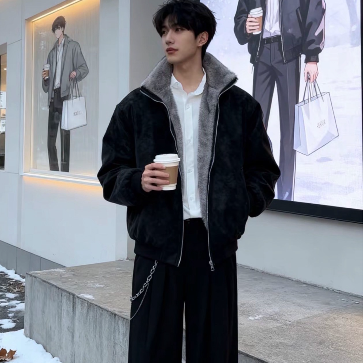 仿貂毛棉服秋冬男款男加厚冬季美式cleanfit座山雕外套保暖外套