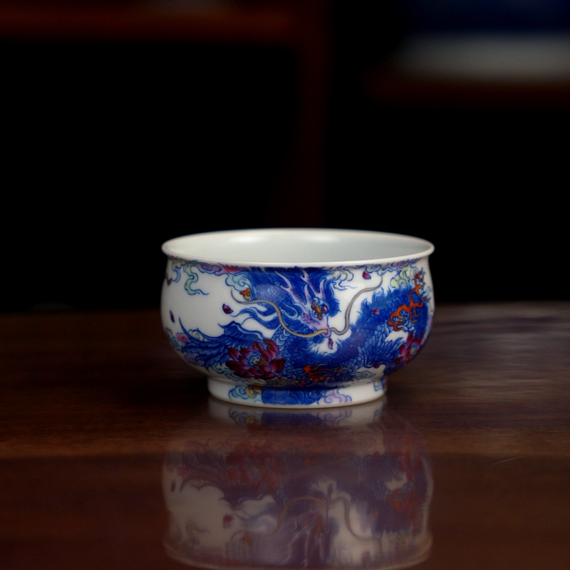 空山明月新斗彩嘲风炉式杯纯手工手绘景德镇陶瓷茶具茶器青花斗彩