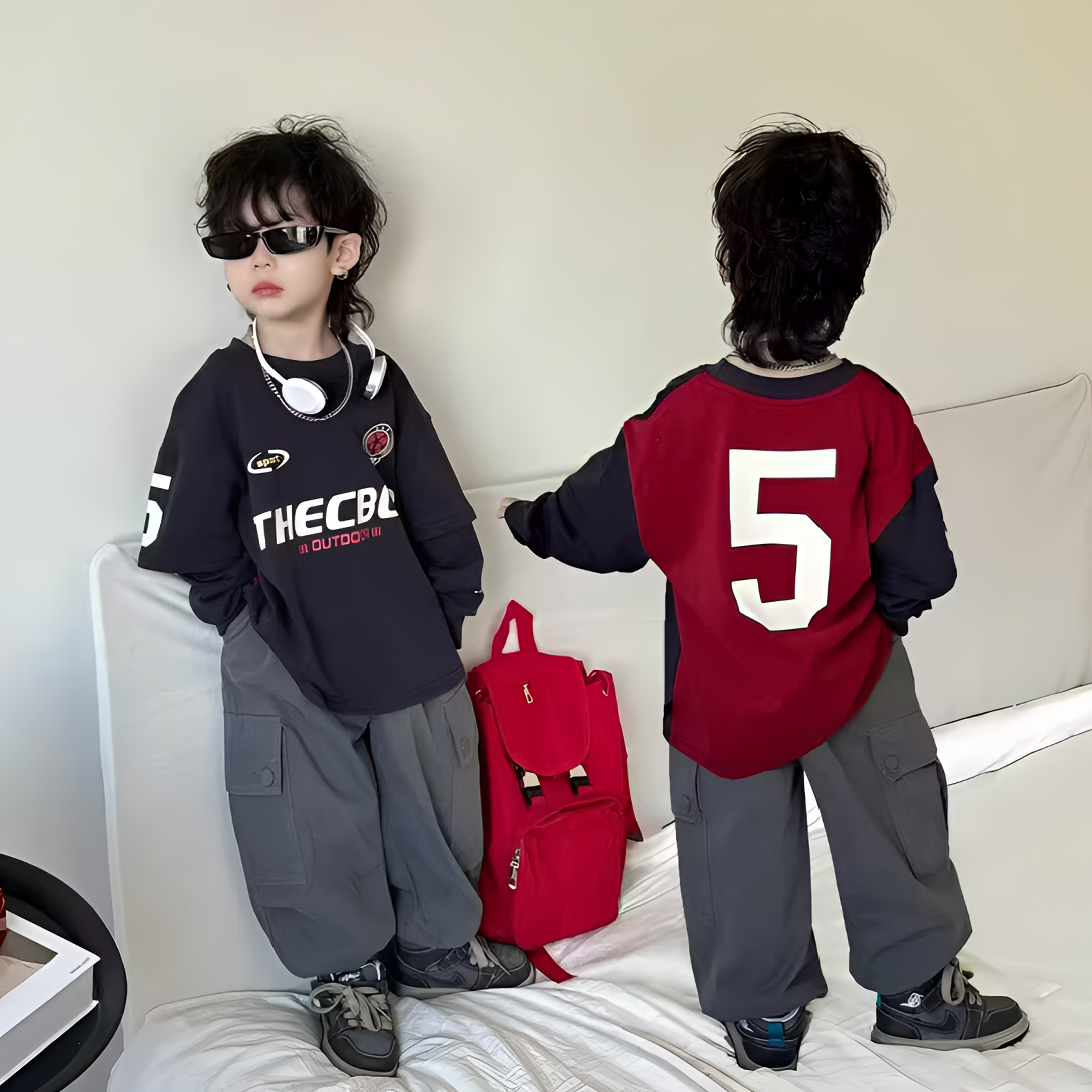 男童撞色春装2025新款儿童宝宝又酷又飒假两件长袖T恤