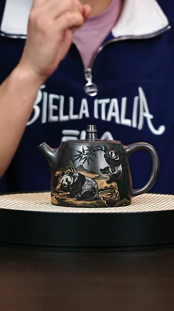 茶壶紫砂泥绘土骨石黄熊猫汉铎400cc