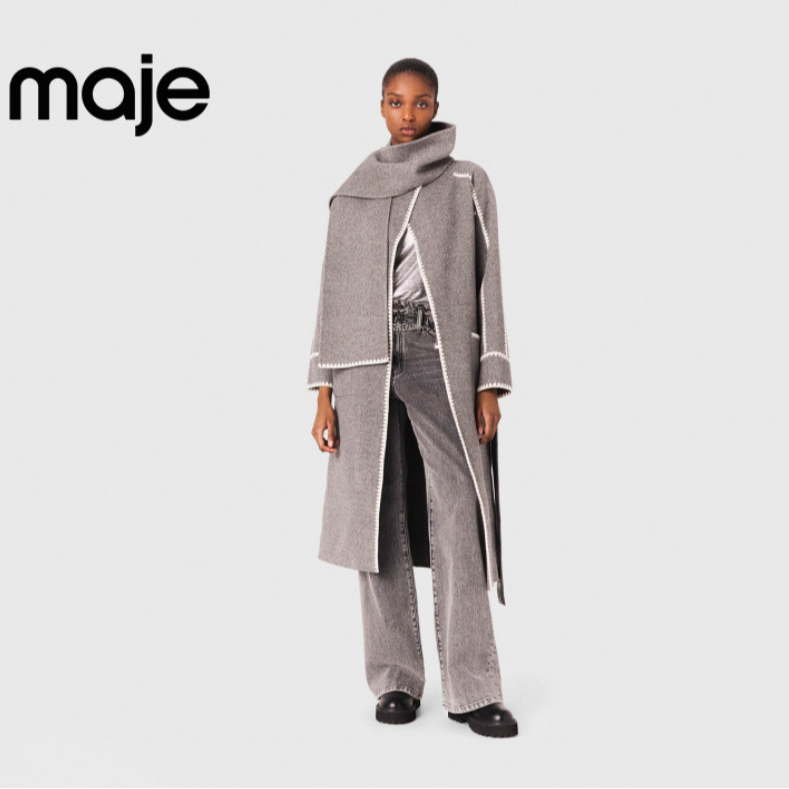 Maje2025秋冬新款女装法式时尚可拆卸围巾领大衣外套MFPOU01377