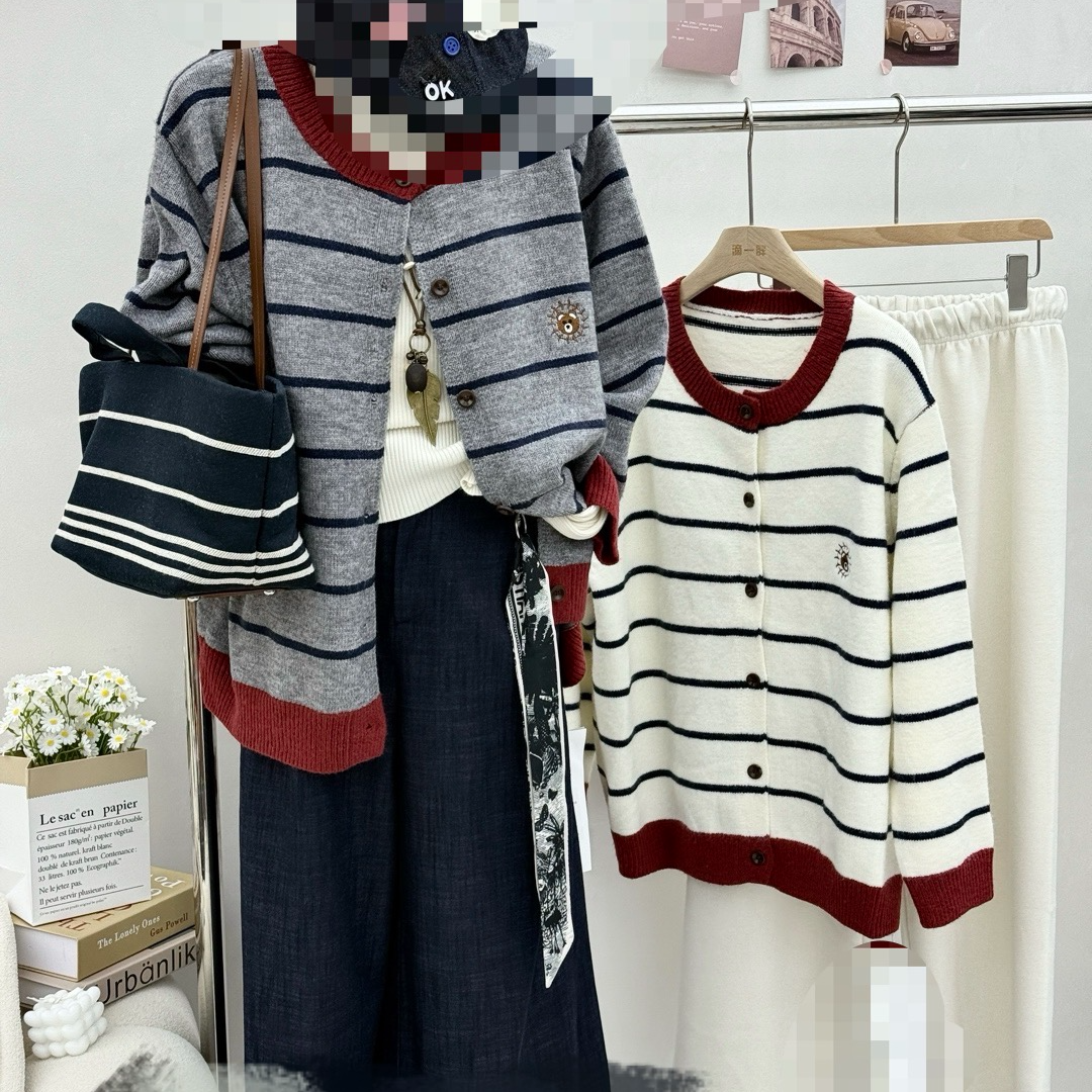 【李姑娘专属】1822高级感休闲慵懒撞色条纹针织开衫