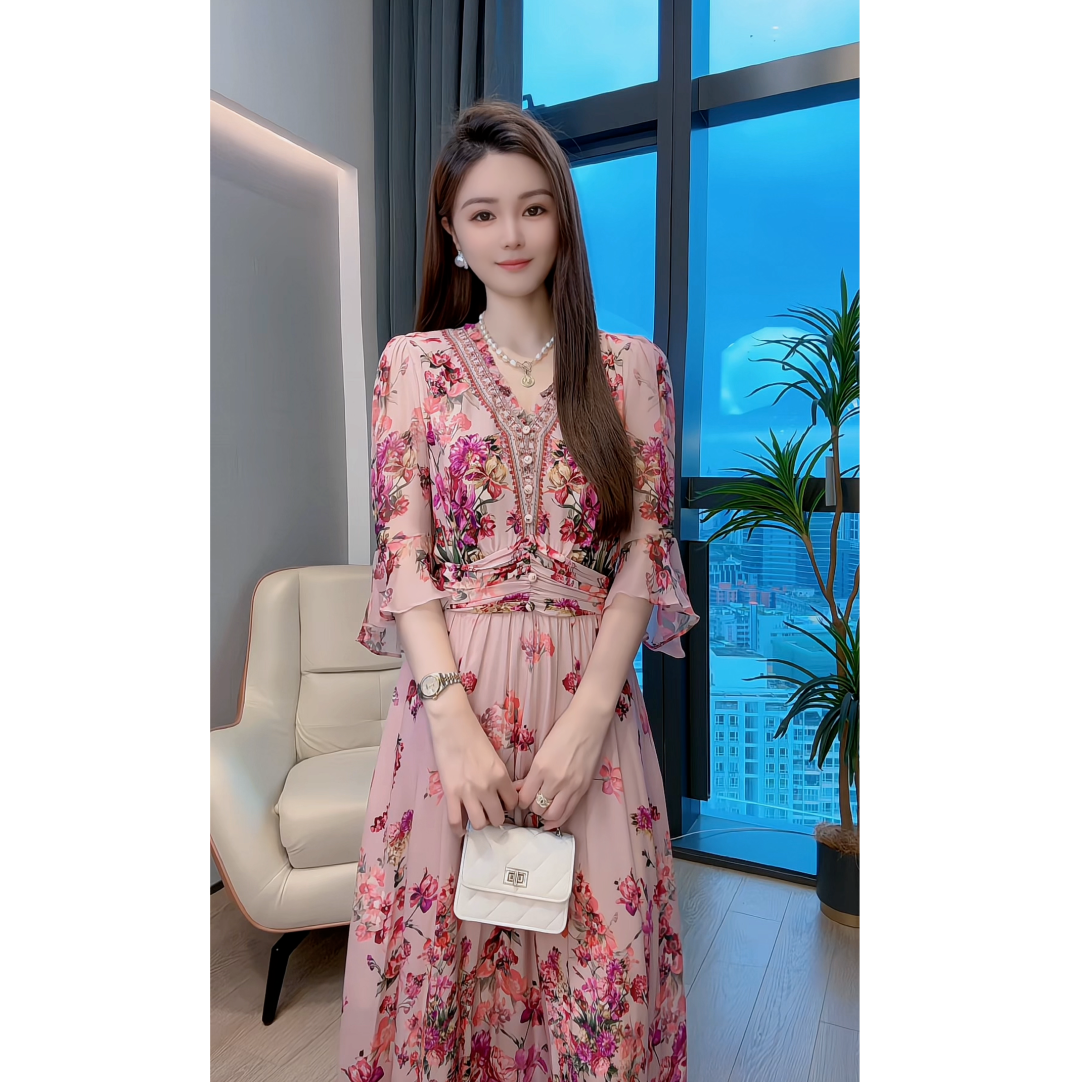 【深圳米熙儿】100%桑蚕丝收腰印花连衣裙1070