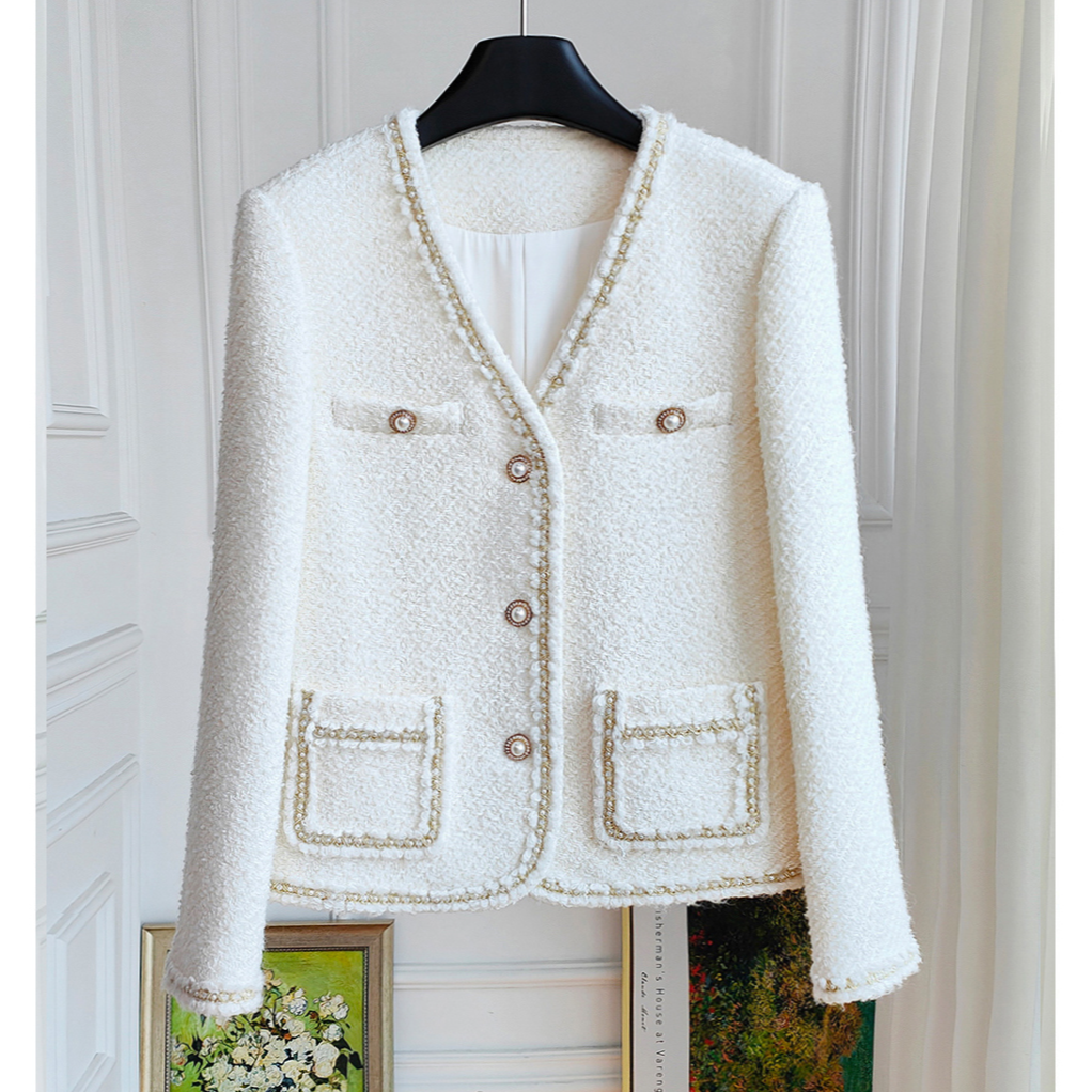 短外套小香风气质长袖白色轻奢时尚秋冬粗花呢春秋显瘦短款#0D5