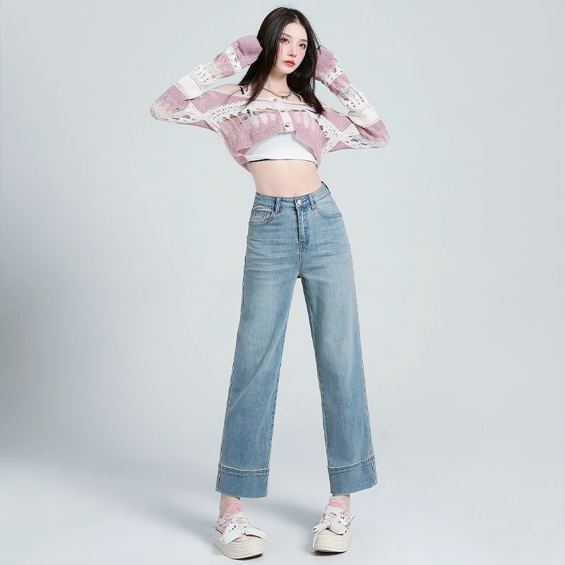 浅蓝高腰直筒牛仔裤女2025秋季新款小个子显瘦卷边宽松百搭烟管裤